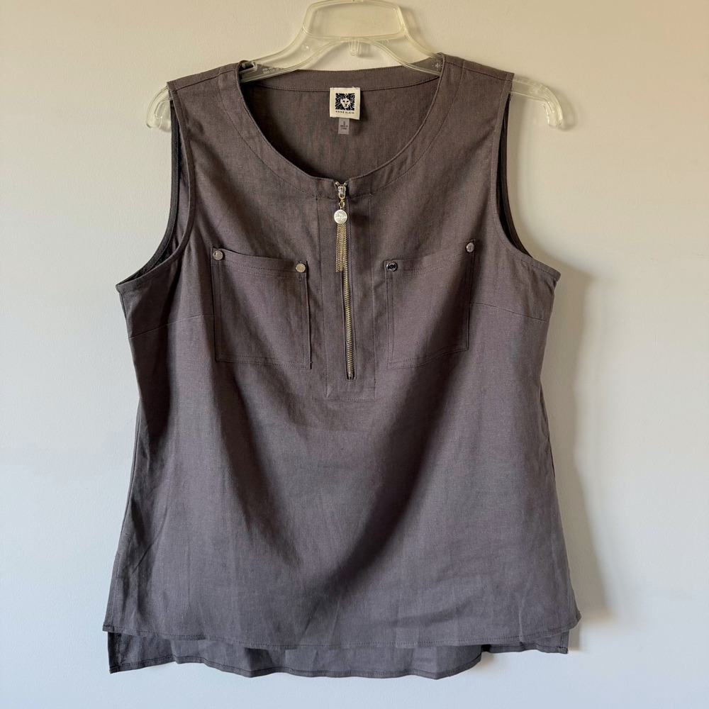 Anne Klein Womens Sleeveless Linen Blend Zip Front Blouse Gray Small NWOT
